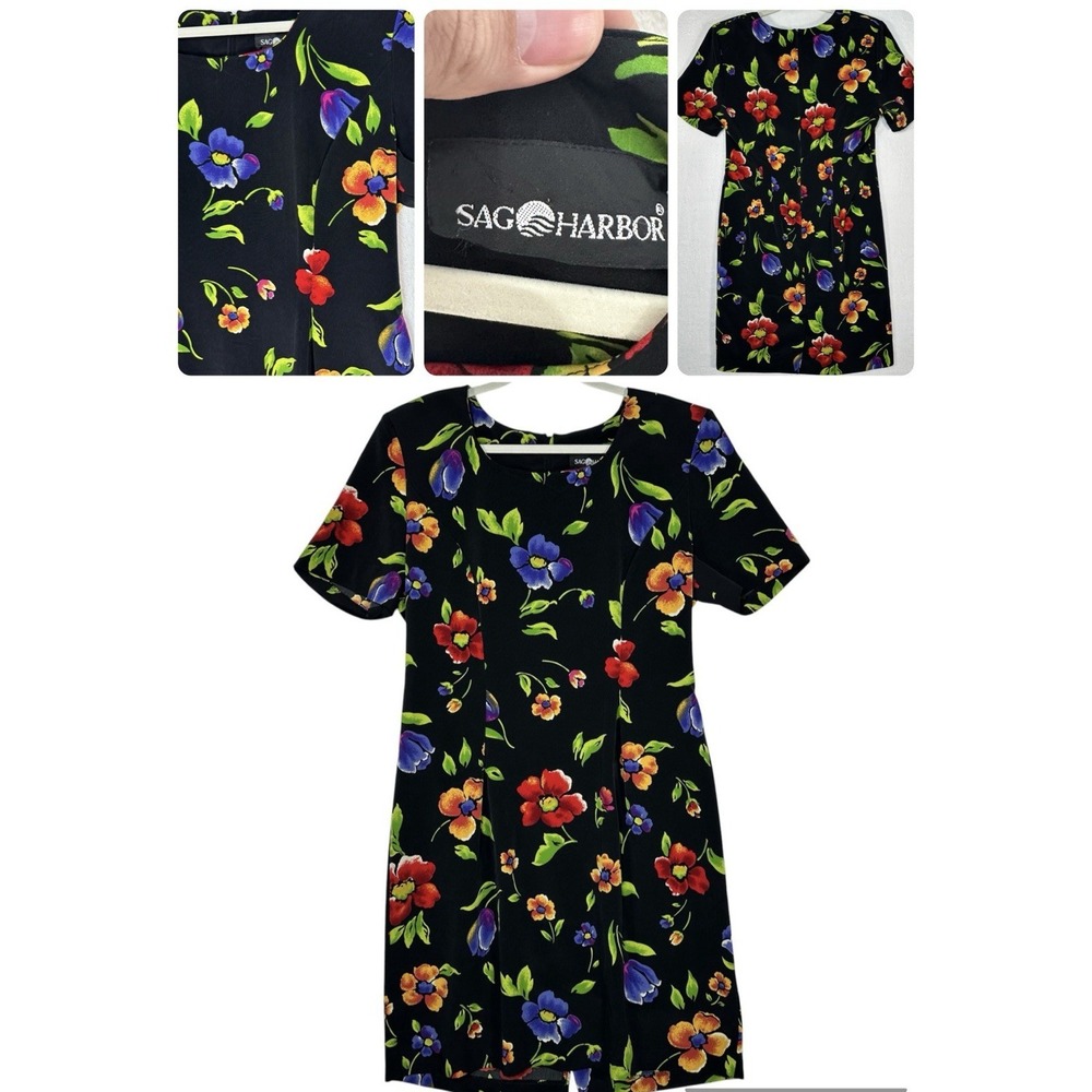 Vtg 90s SAG HARBOR Black Floral Dress sz 12 Whimsigoth Grunge Dark Romance